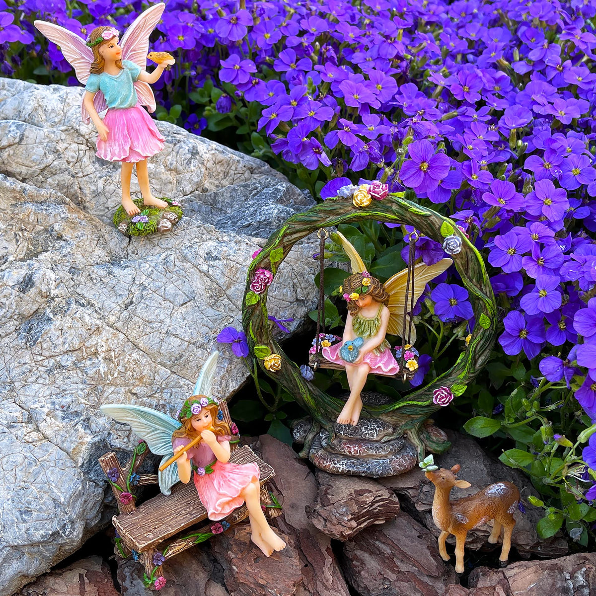 Mood Lab 6-piece set of Fairy Garden Swing figures expands decorative collections.