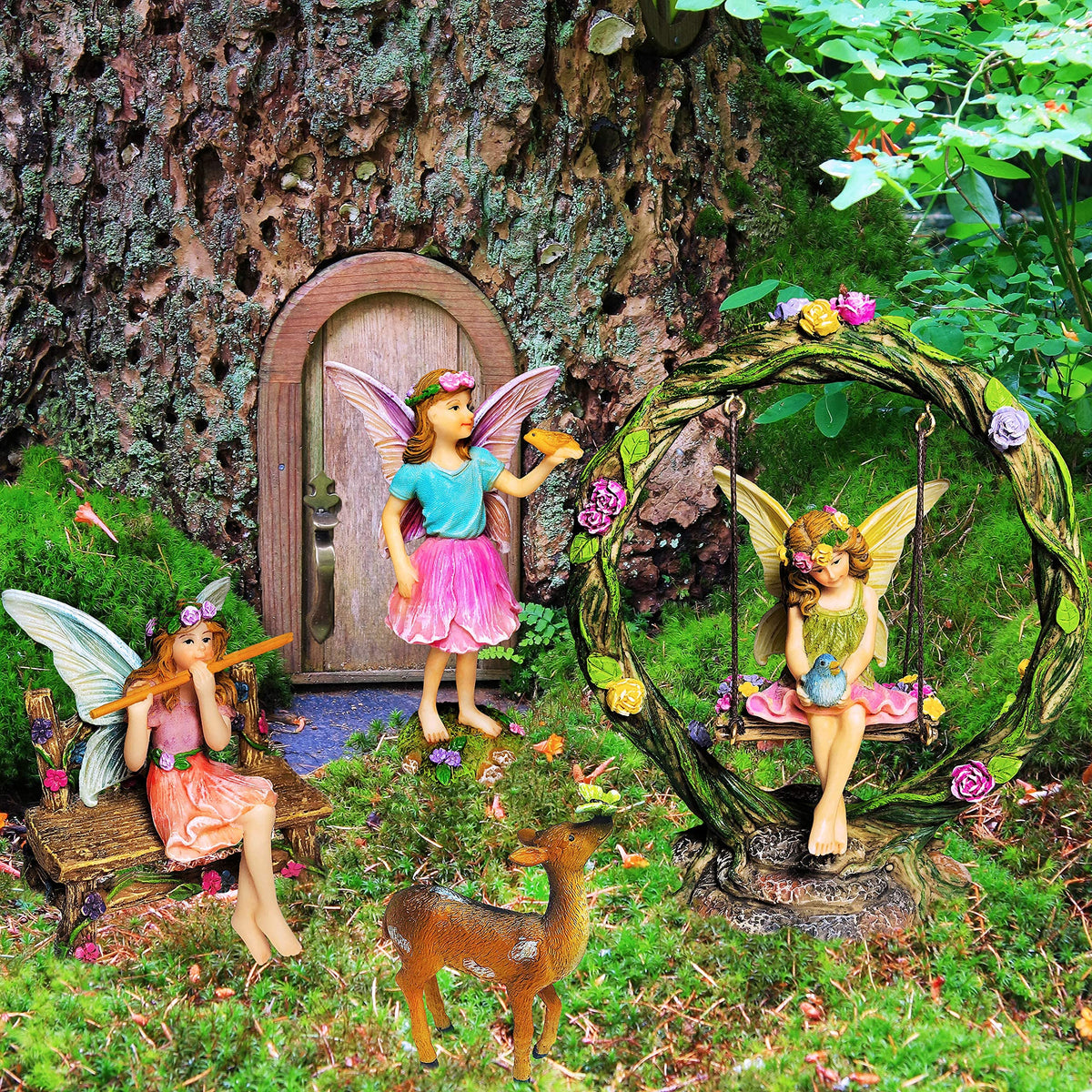 Mood Lab resin Fairy Garden Swing figurines resist weather for versatile placements.