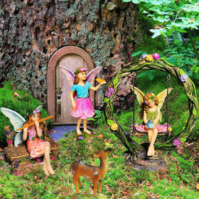 Mood Lab resin Fairy Garden Swing figurines resist weather for versatile placements.