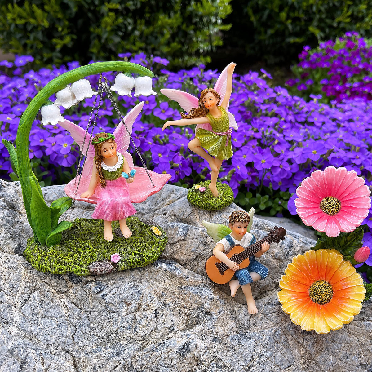Mood Lab Fairy Garden waterproof figures withstand rain for year-round decor.