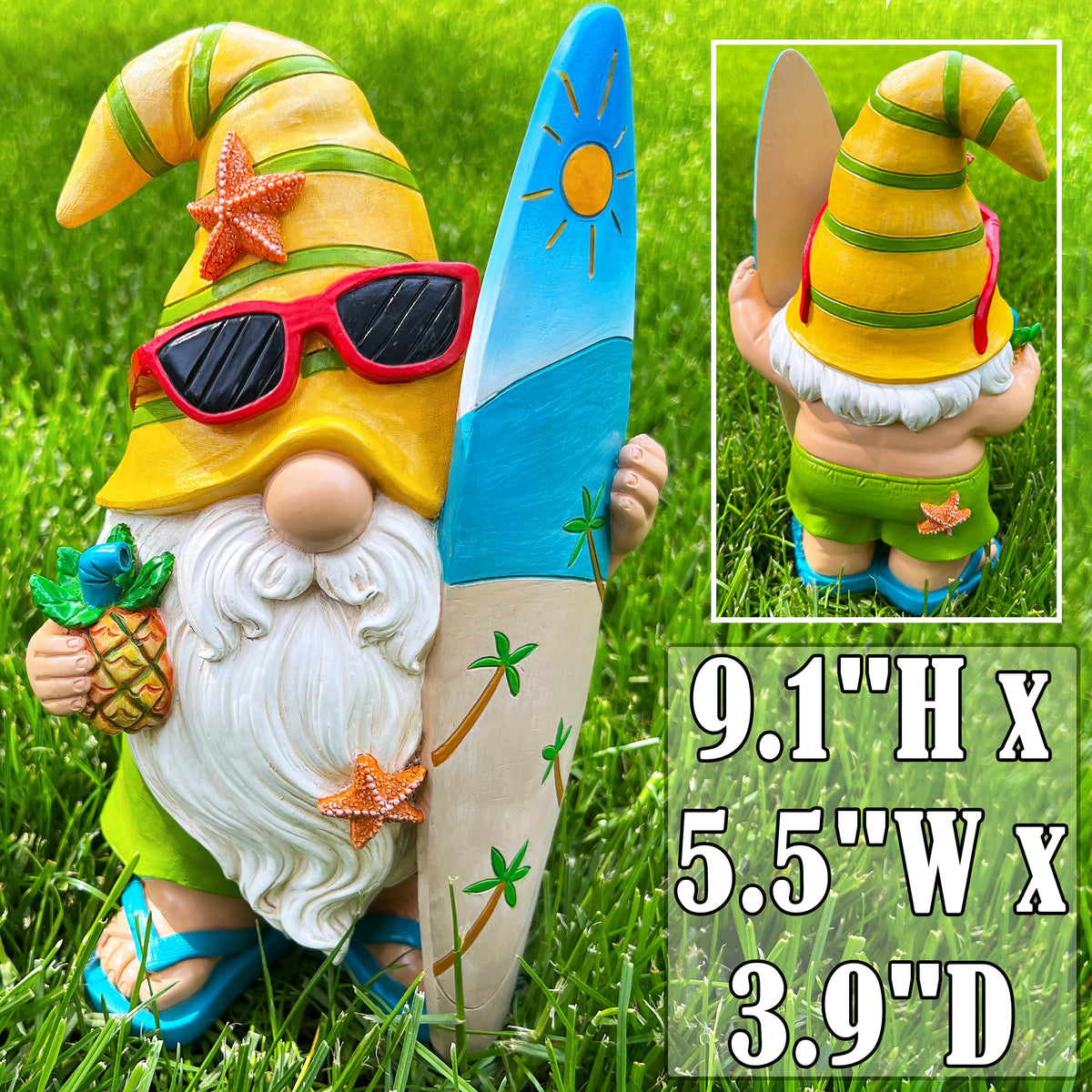 Resin gnome with sun protective coating for lasting outdoor display