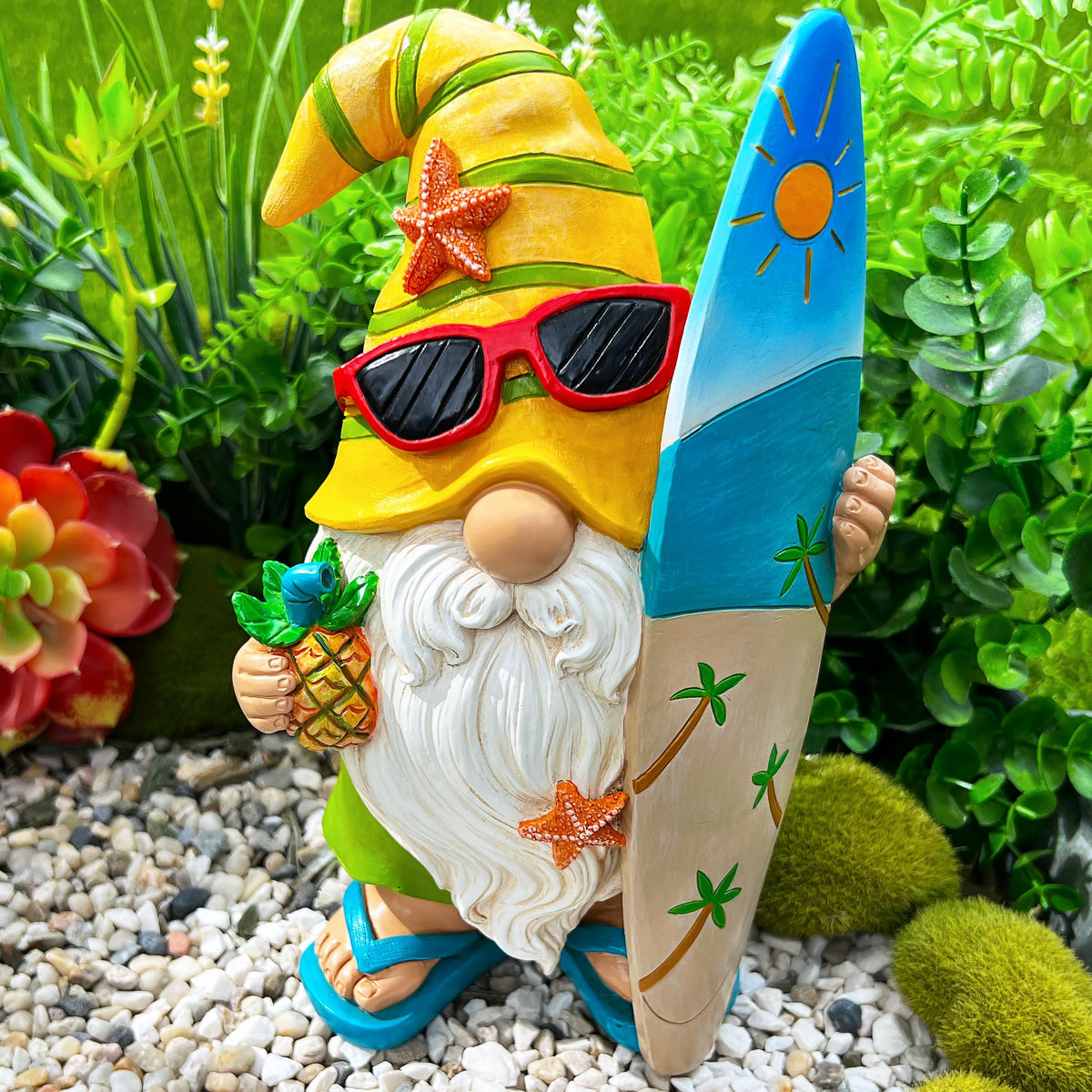 Mood Lab gnome on a surfboard enhances lawn decor with coastal vibe