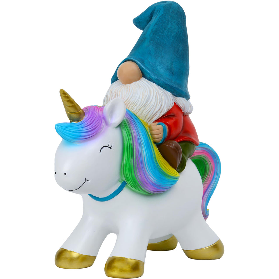 Mood Lab garden gnome riding unicorn in garden for whimsical outdoor decor.