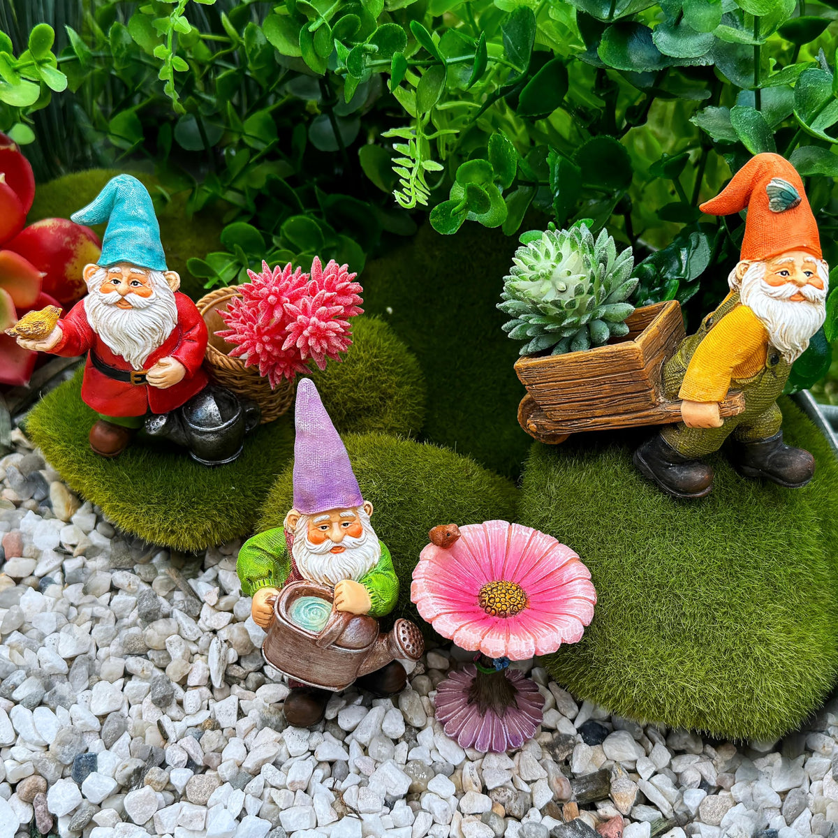 Mood Lab garden gnomes set - hand-painted finish enhances indoor shelves.