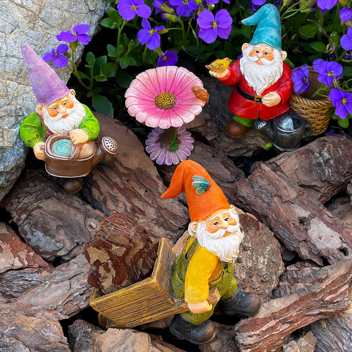 Mood Lab garden gnomes set - outdoor-ready coating withstands seasonal weather.