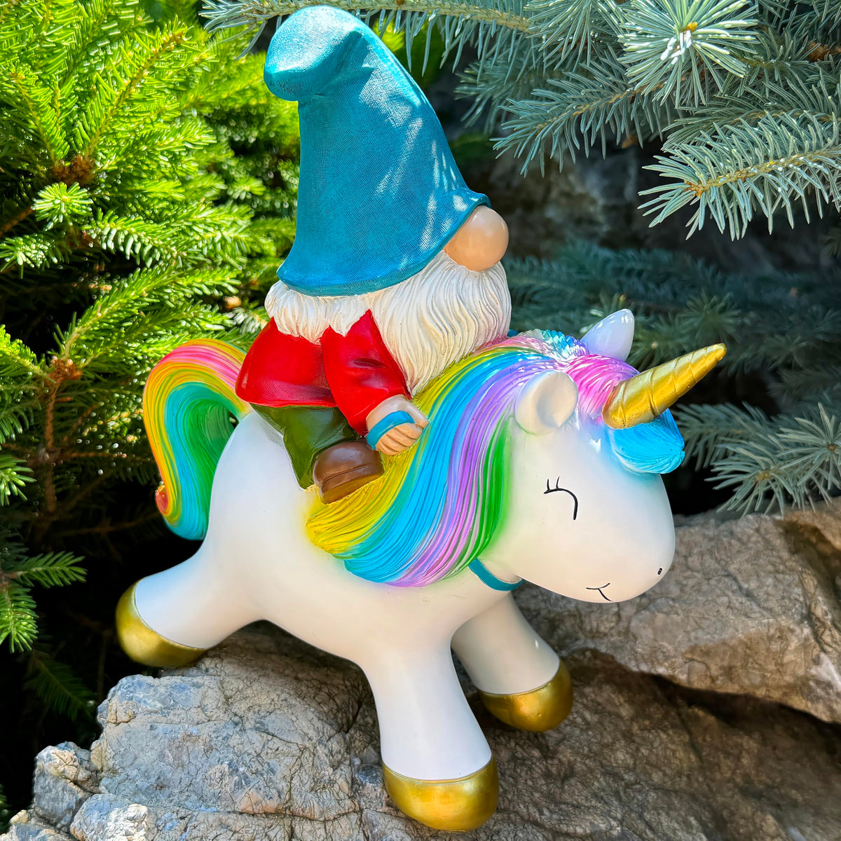 Mood Lab hand-painted gnome with sun-protection coating for outdoor resilience.