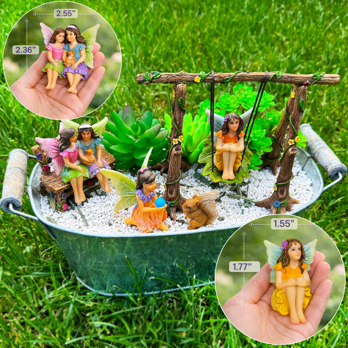 Mood Lab miniature fairy figures on swing enhance indoor shelf decor.