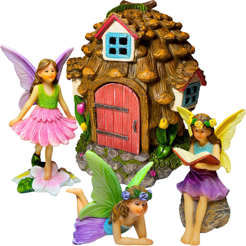Mood Lab pinecone fairy house 4pc set for charming outdoor display