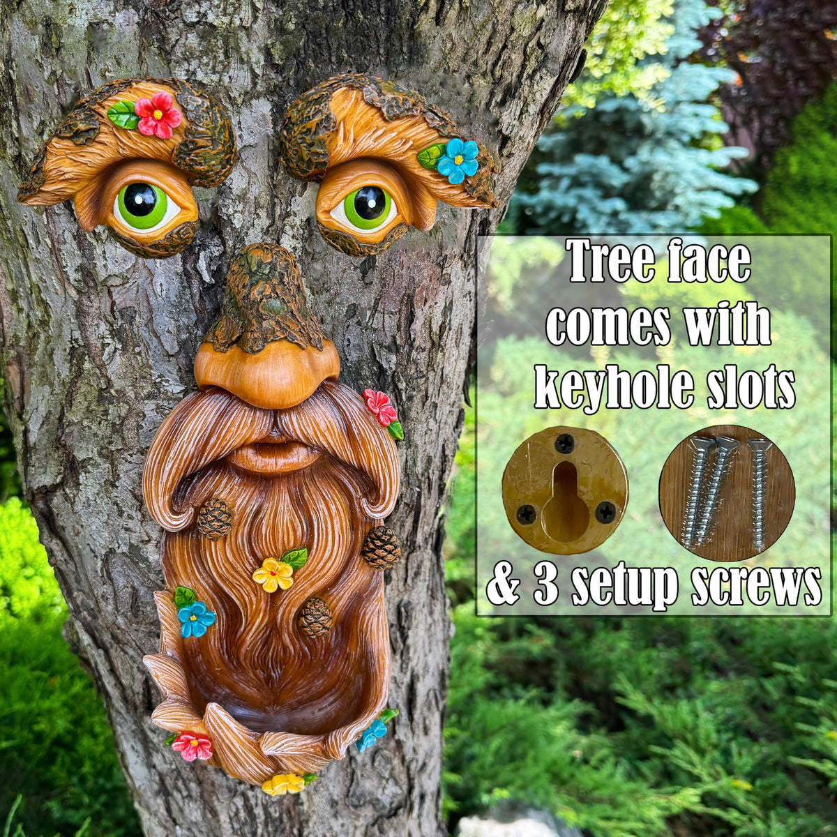  Mood Lab tree hugger art perched on a trunk as yard focal point.