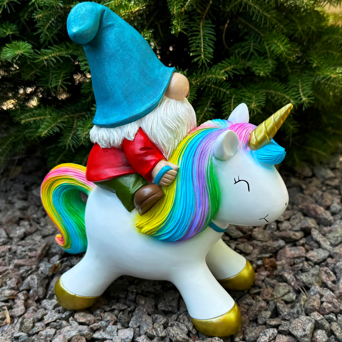 Mood Lab yard decor gnome on unicorn brightens lawn and patio.