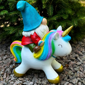 Mood Lab yard decor gnome on unicorn brightens lawn and patio.