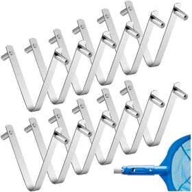 Moonoom 12-piece pool pole clips in stainless steel for durable tool connections.