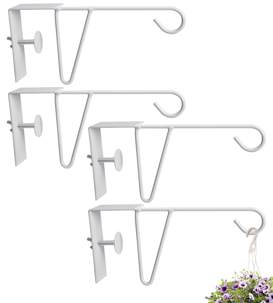 Moonoom 4-pcs adjustable fence hooks on a white fence holding hanging pots.