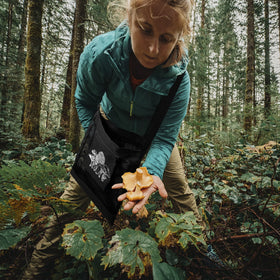 Moonoom harvest bag in use with mushrooms showing roomy breathable interior.