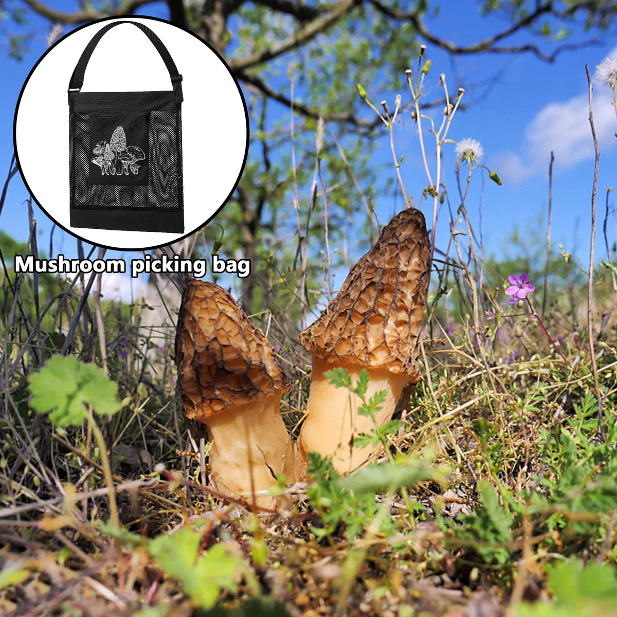Moonoom mushroom-foraging bag ready for camping trips and fruit picking.