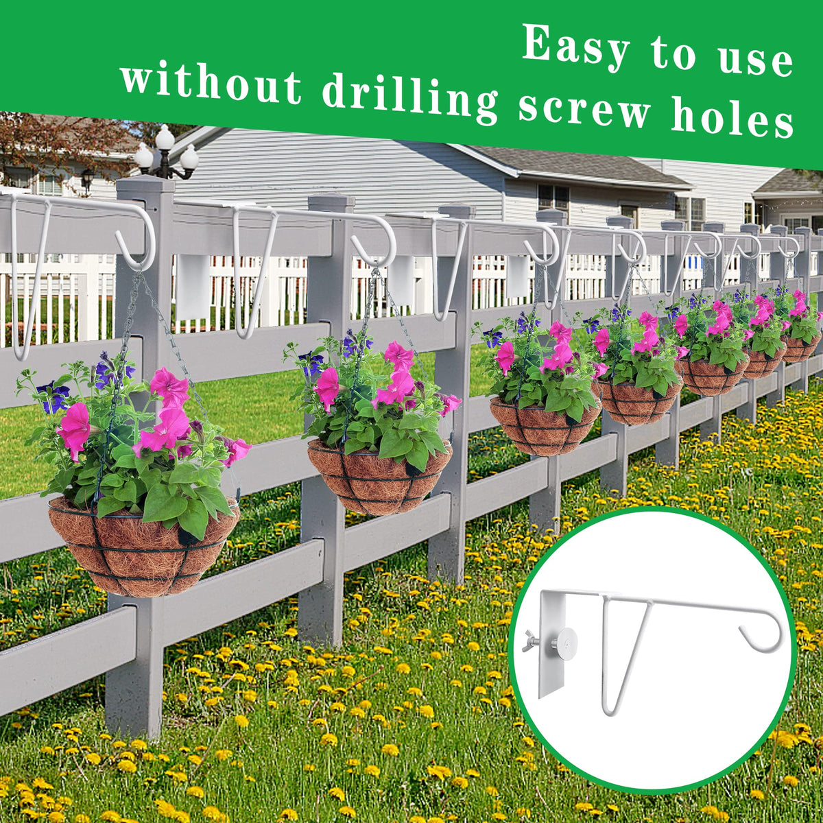 Moonoom white vinyl fence hooks securing planters on a fence rail