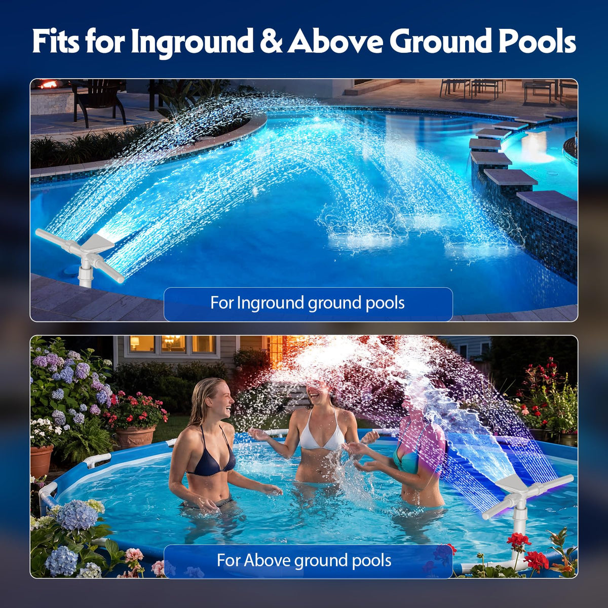 Mooroer fountain fits above-ground and in-ground pools for flexible setup.