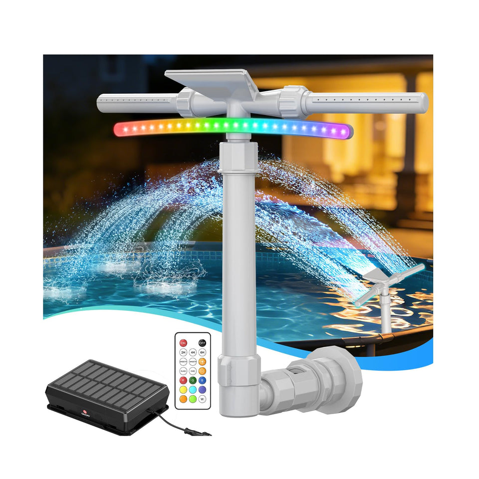 Mooroer Solar Pool Fountain with LED lights brightens nighttime pool ambiance.