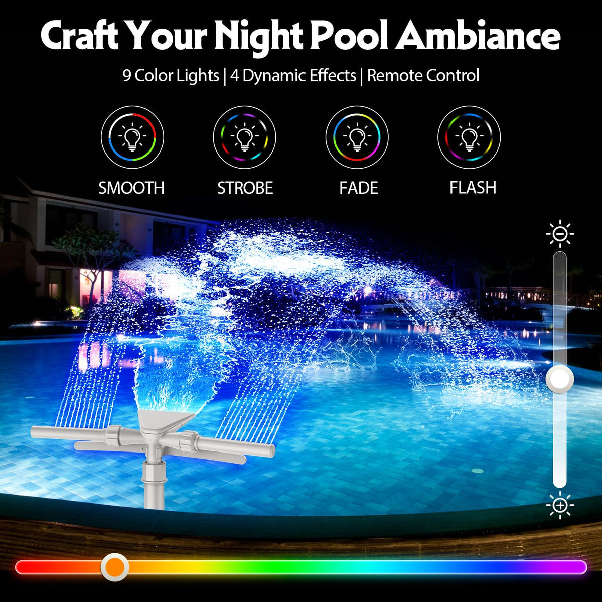 Mooroer Solar Pool Fountain remote control enables effortless light and mode adjustments.
