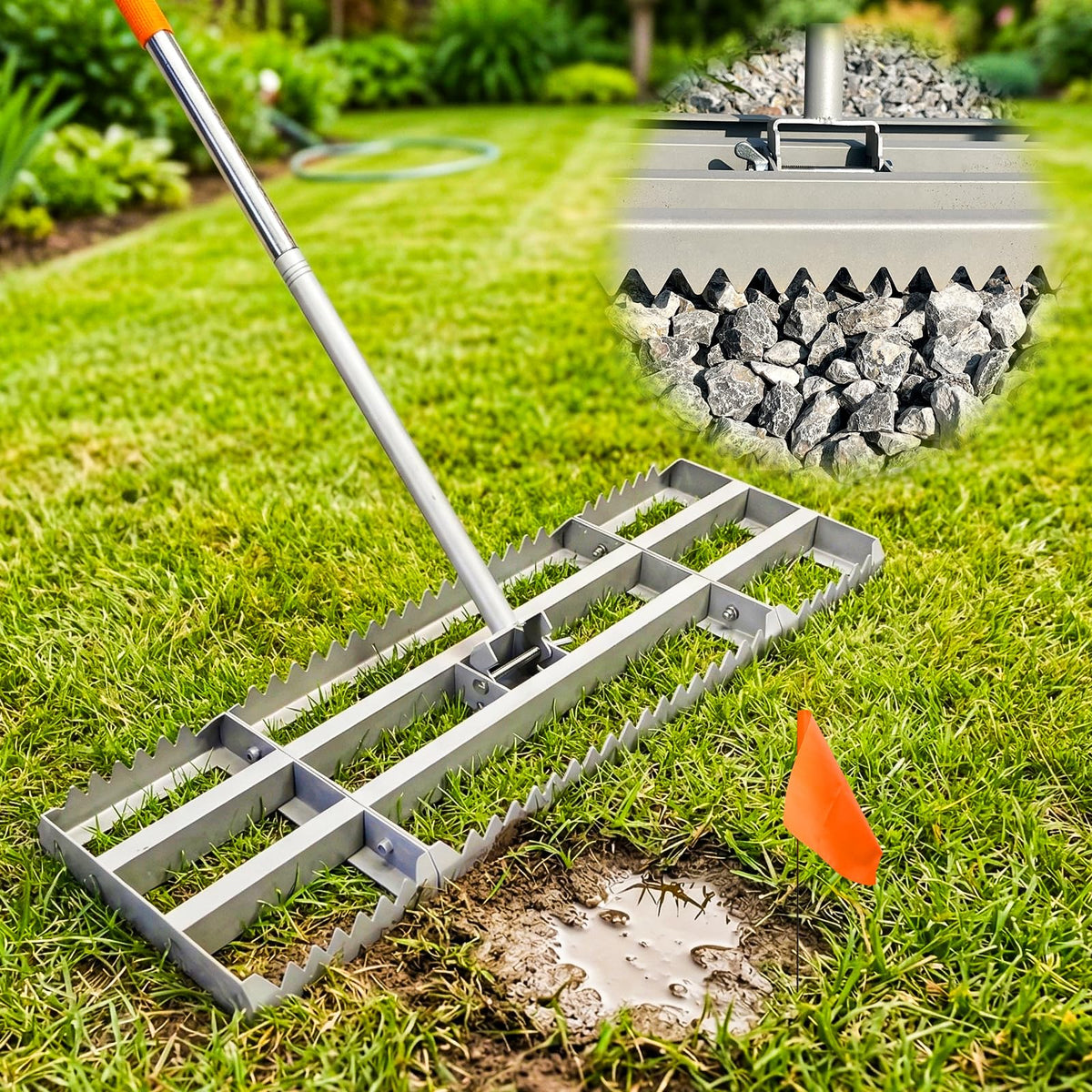 MOPAI lawn leveling rake flat-side in action smoothing soil and filling low spots