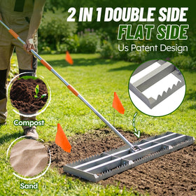MOPAI Lawn Leveling Rake 2.0 with serrated side for gravel and mulch work.