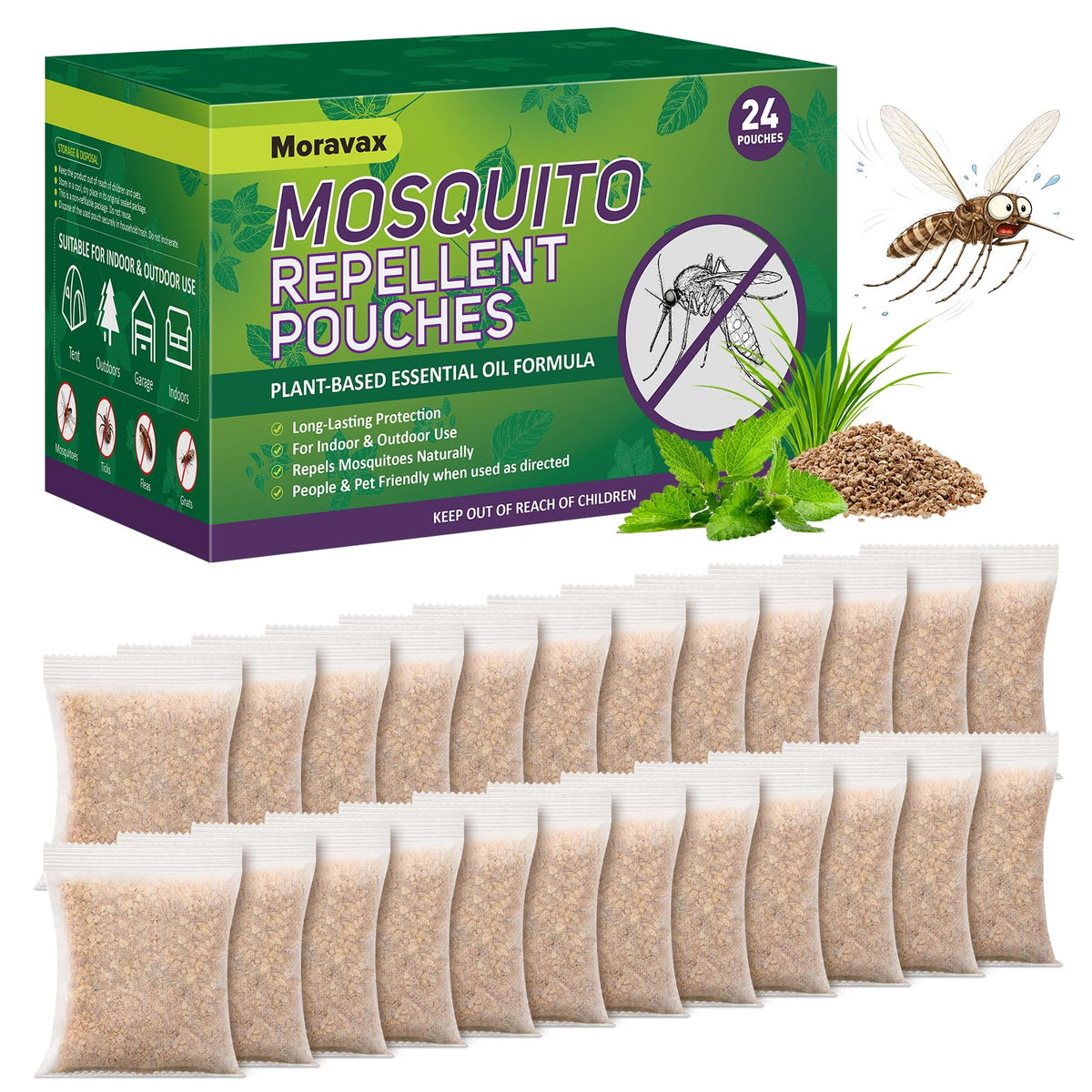 Moravax mosquito pouch for outdoor patio provides long lasting protection with a subtle citronella aroma