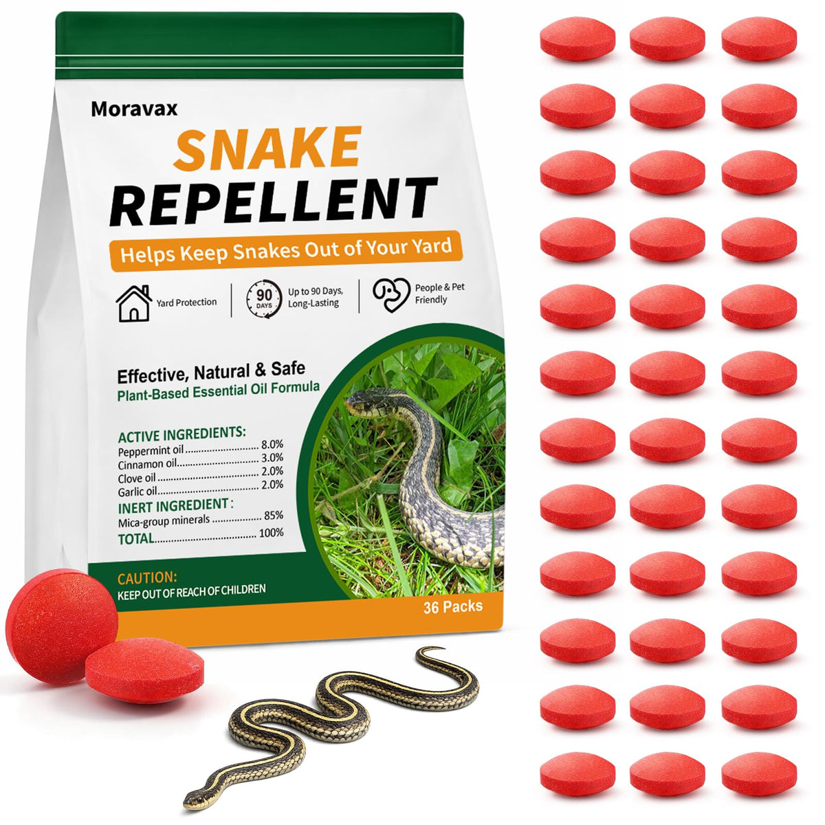 Moravax snake balls pack shown for pet-friendly home protection.