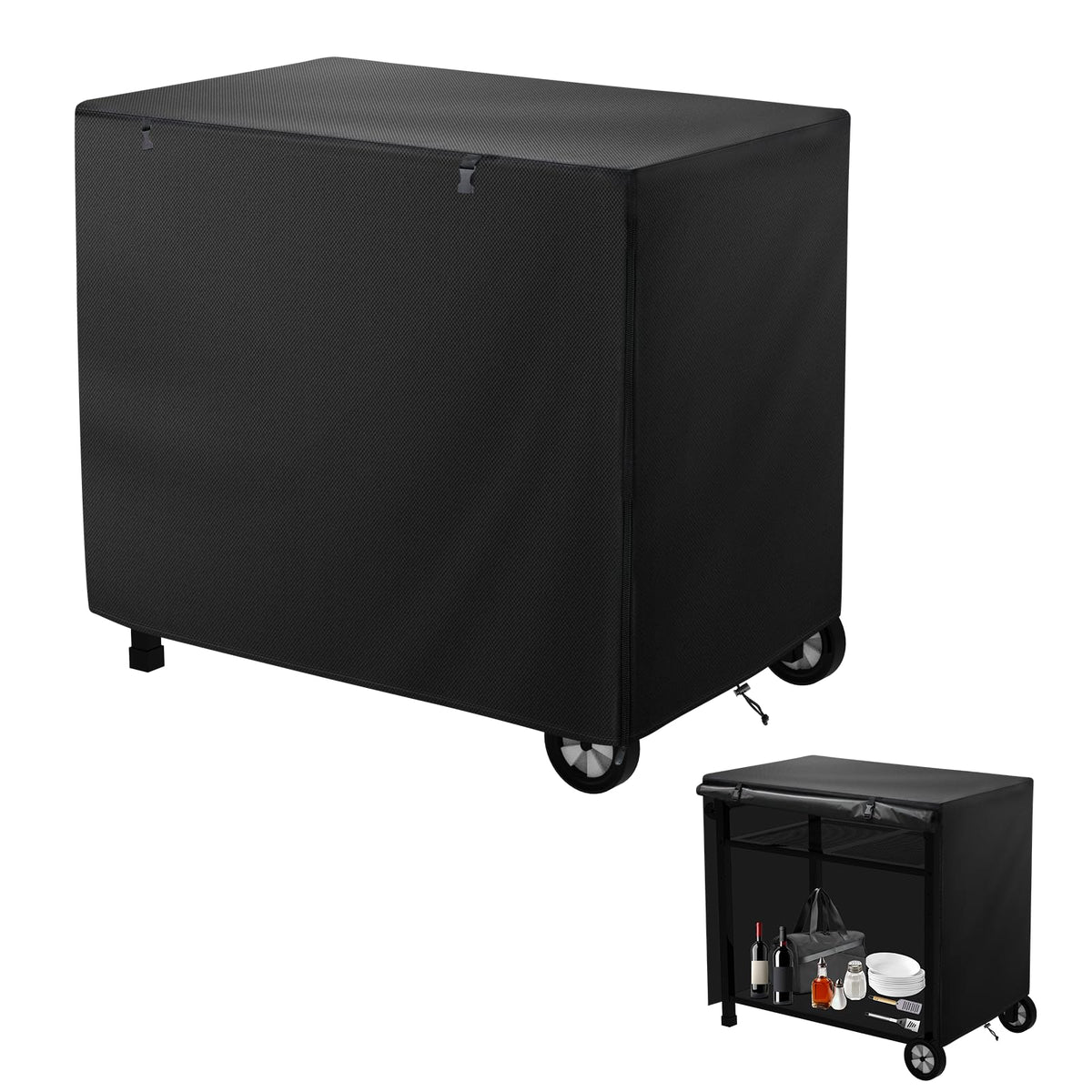 Mordx outdoor cart cover front view showing snug weatherproof fit for outdoor dining cart.