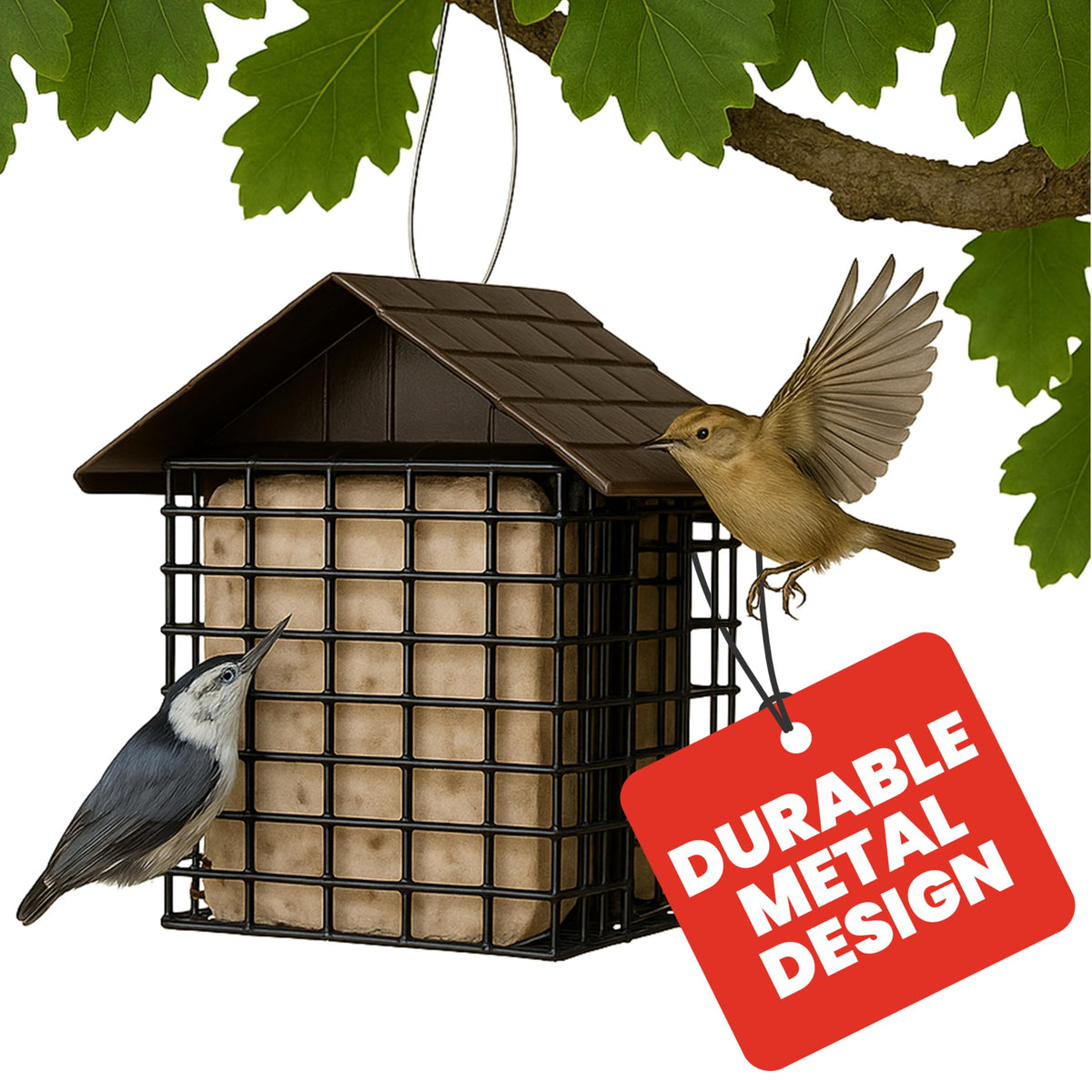 More Birds Double Suet Feeder with Weather Guard showing dual cages for woodpeckers and clingers.