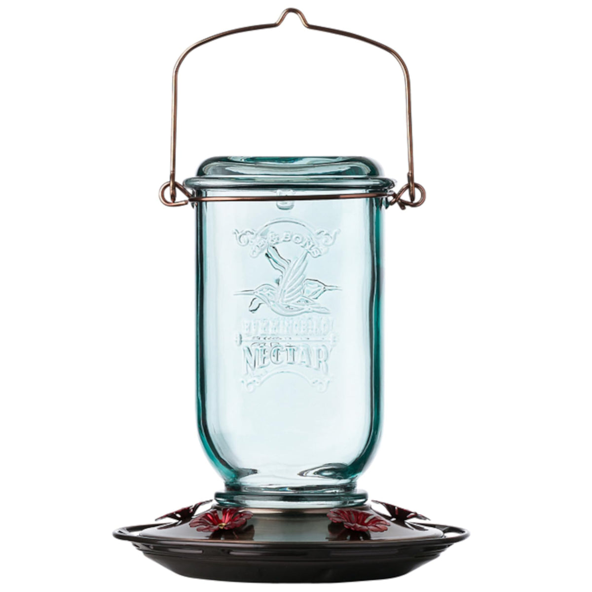 More Birds Mason Jar feeder with aqua glass bottle for outdoor charm.