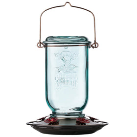 More Birds Mason Jar feeder with aqua glass bottle for outdoor charm.