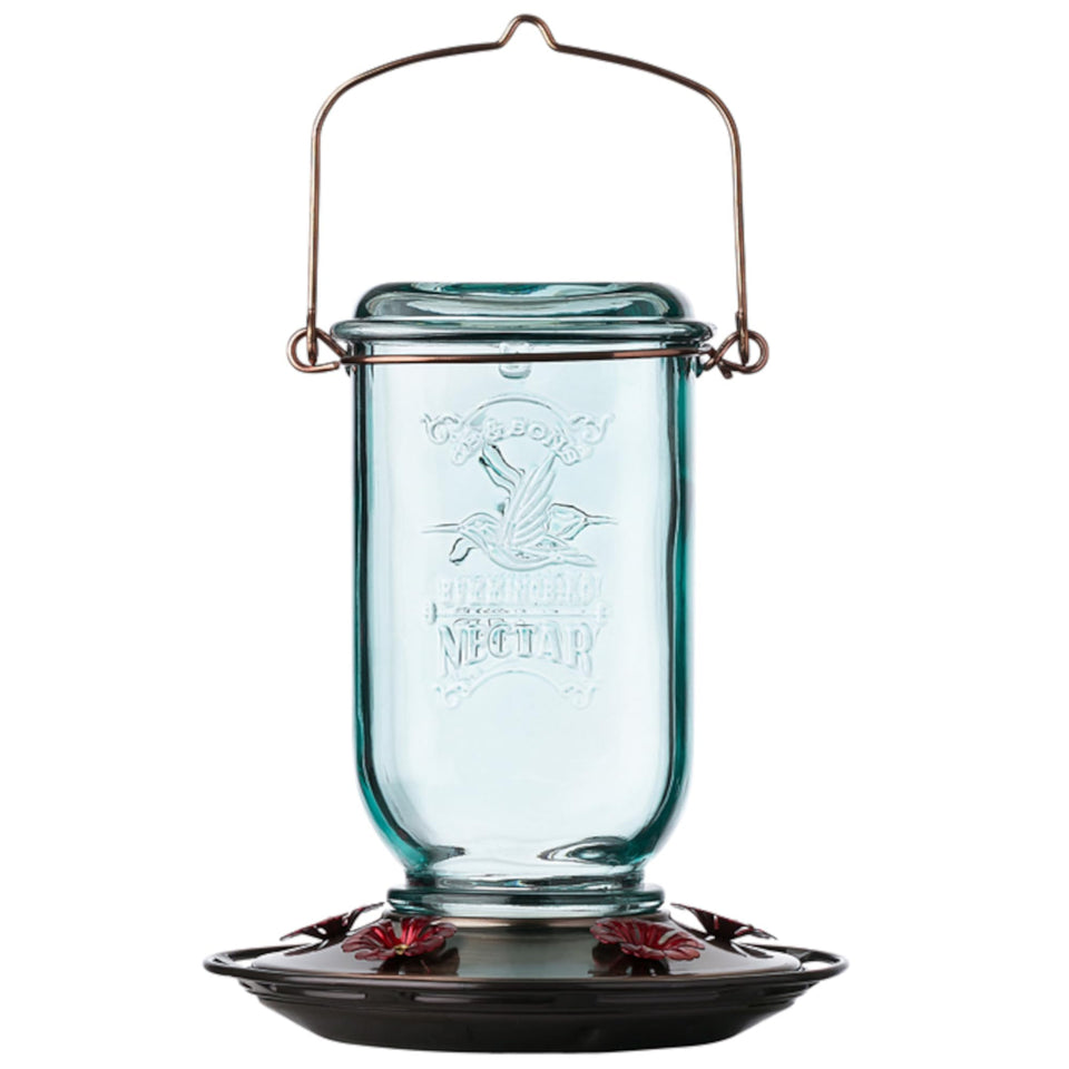 More Birds Mason Jar feeder with aqua glass bottle for outdoor charm.