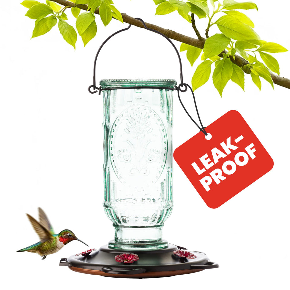 More Birds Vintage Glass Hummingbird Feeder with 20 oz capacity for longer nectar viewing.