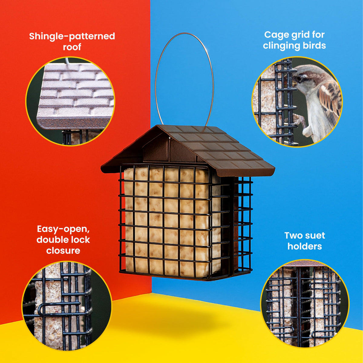 More Birds Weather Guard roof redirects rain, keeping food accessible for visiting birds.