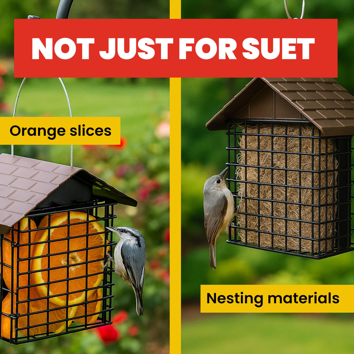 More Birds powder-coated black finish blends with outdoor spaces and protects food.