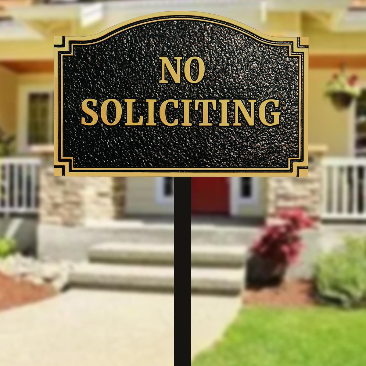 Morgtta no-soliciting sign embossed letters for clear readability and curb appeal.