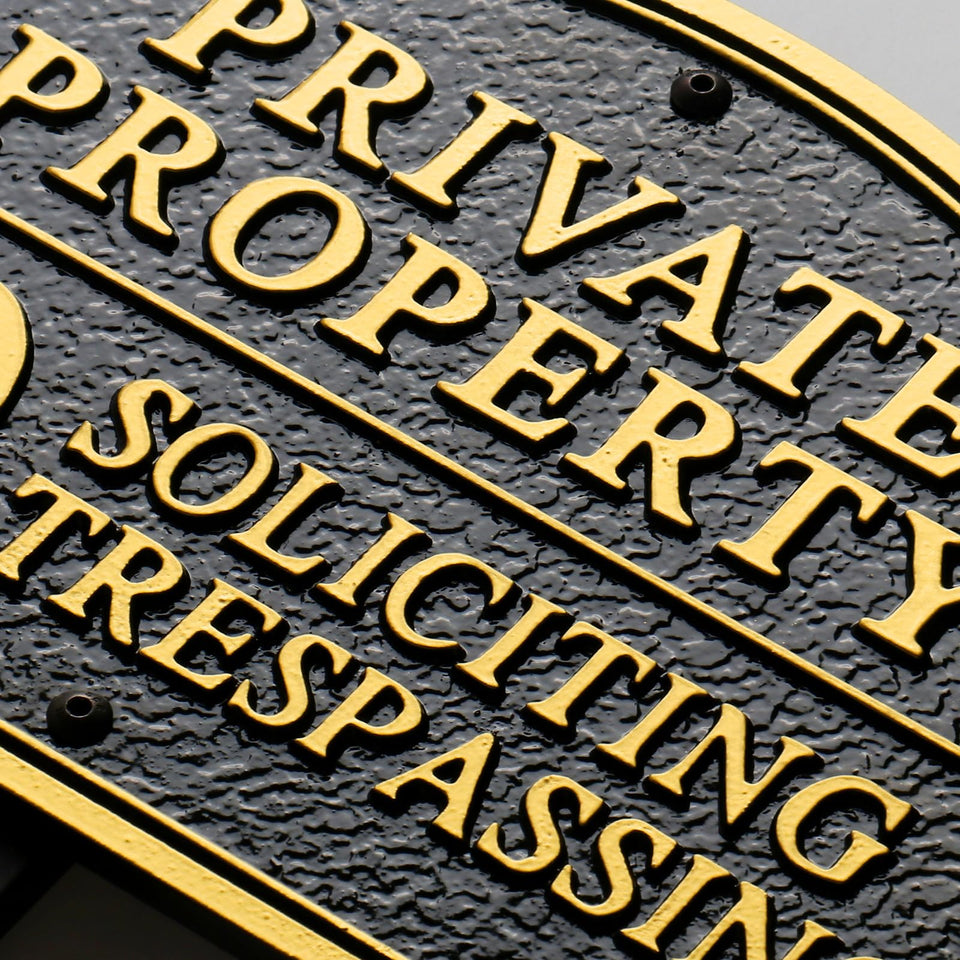 Morgtta private-property no-soliciting sign with embossed letters for curb visibility