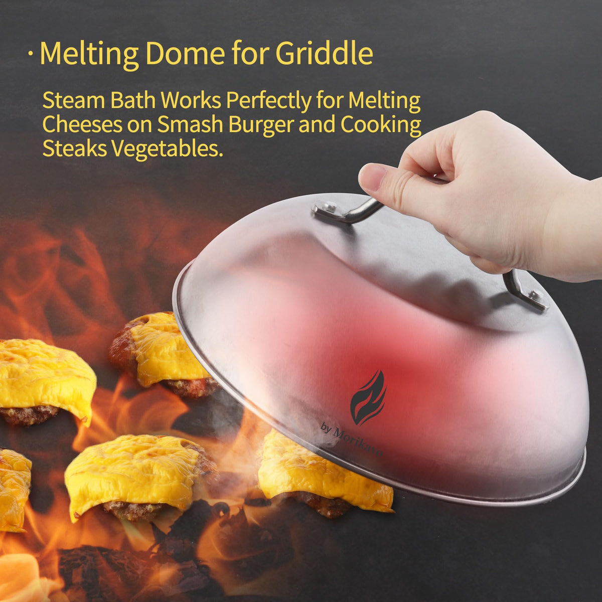 Morikavo dome cooking cheese melt setup on griddle for quicker, even results.