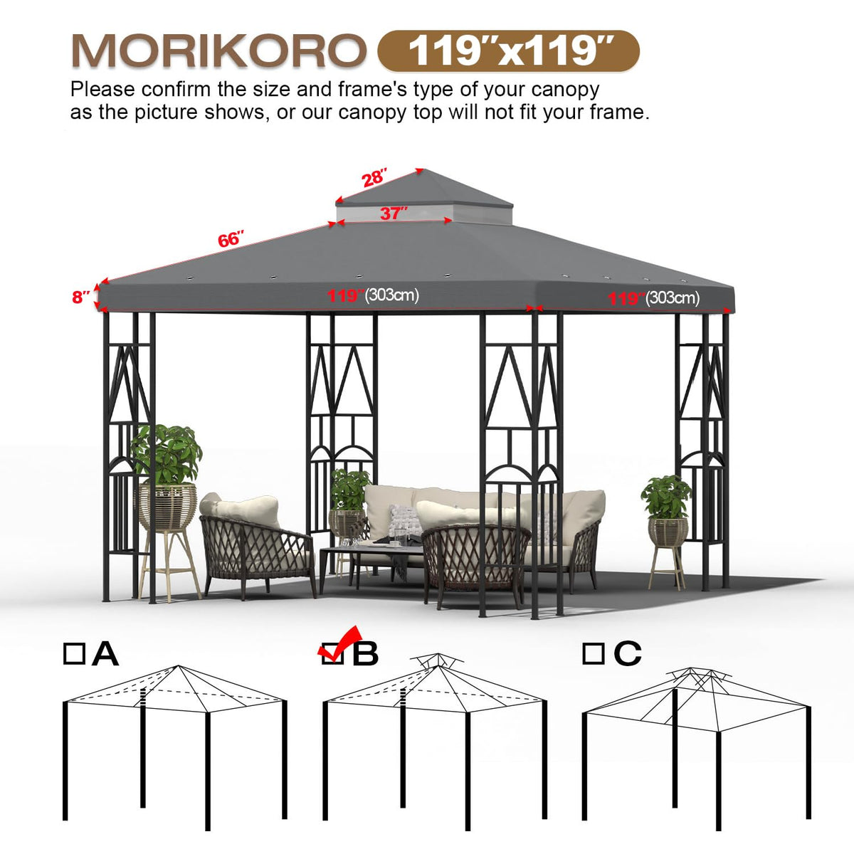Morikoro gazebo cover demonstrating waterproof surface and UV blocking for outdoor use.