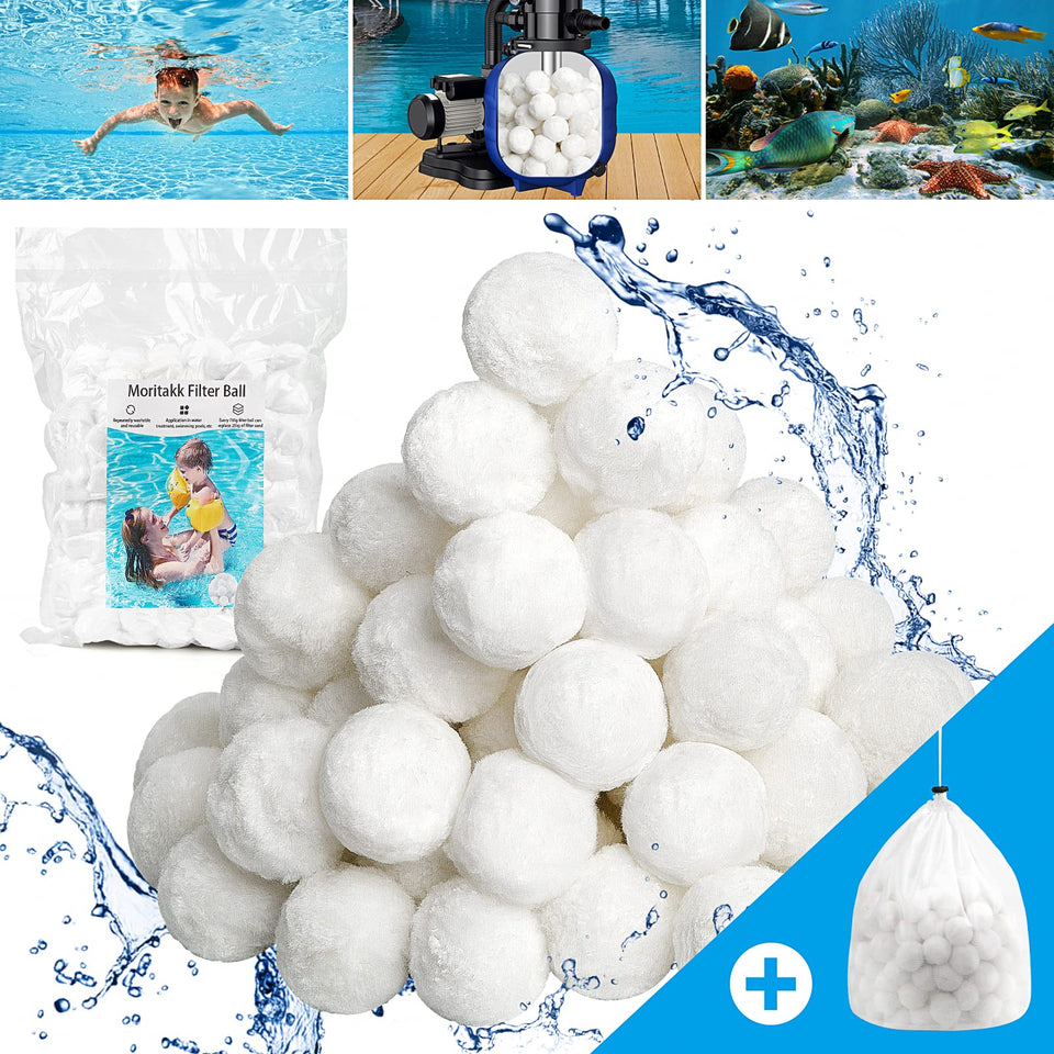 Moritakk pool filter ball close-up showing uniform beads for efficient filtration