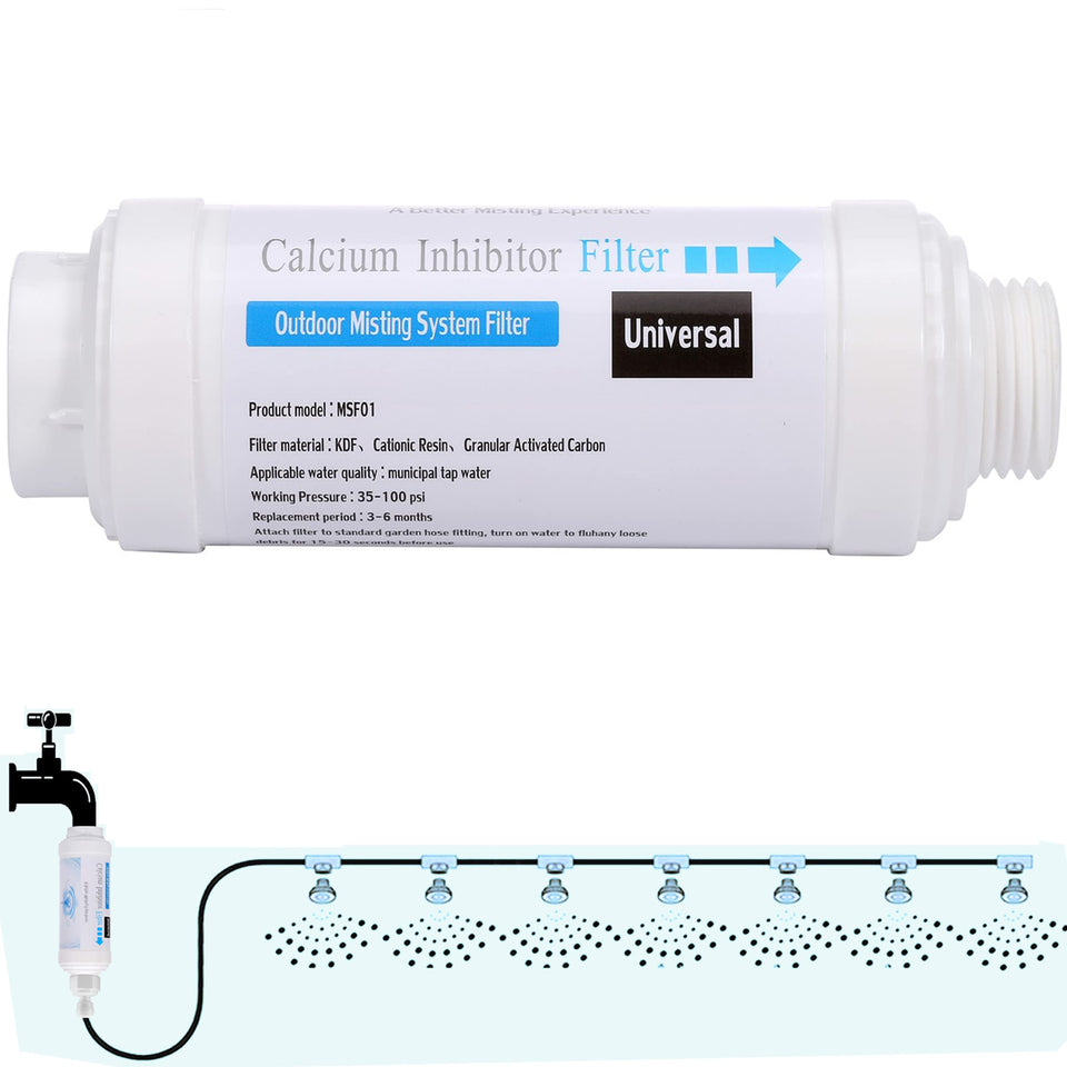 Mornajina calcium inhibitor filter protects outdoor misting nozzles from scale buildup.