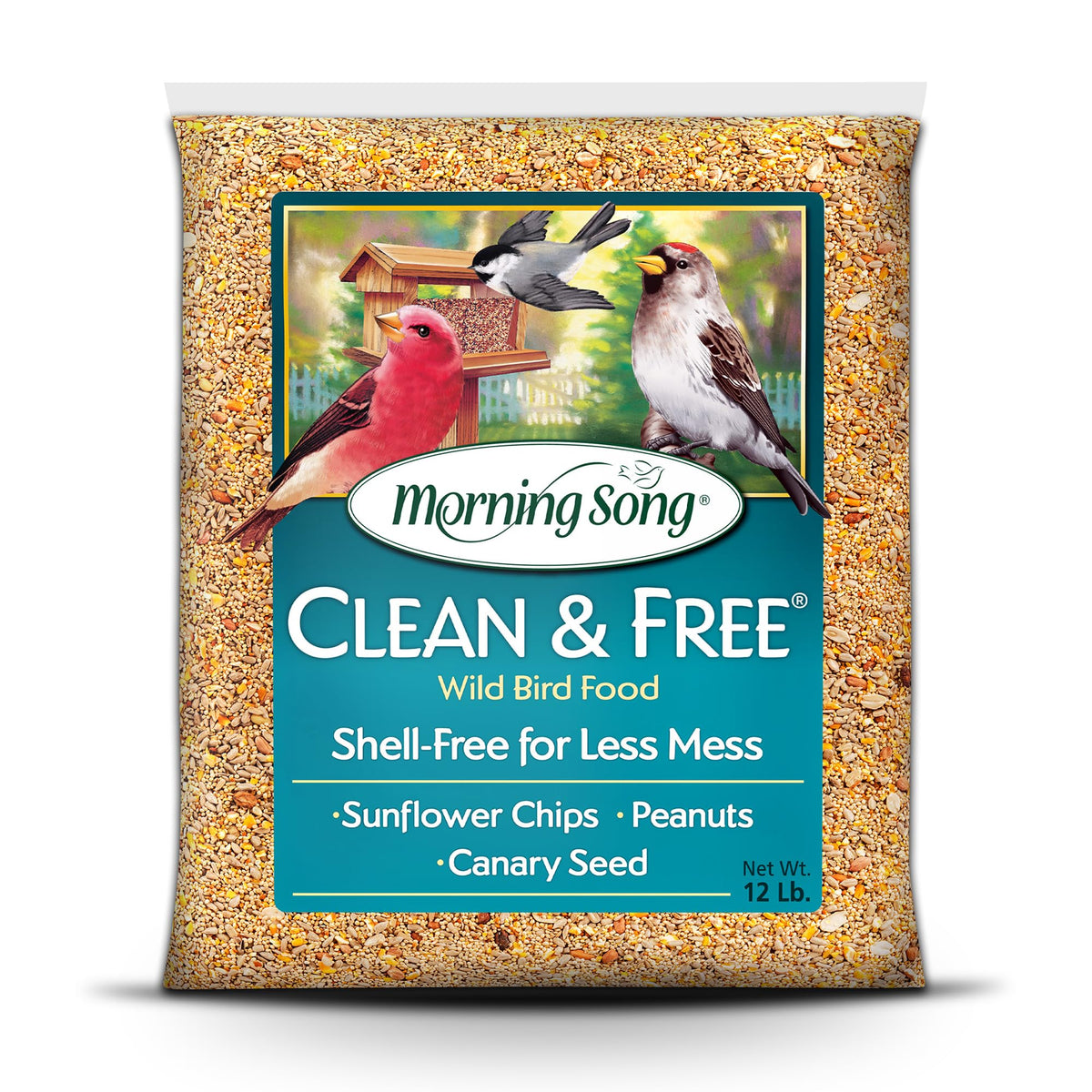 Morning Song Clean and Free seed bag shows mess-free storage for easy patio feeding.