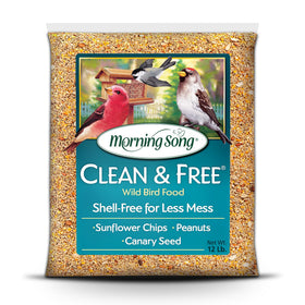 Morning Song Clean and Free seed bag shows mess-free storage for easy patio feeding.