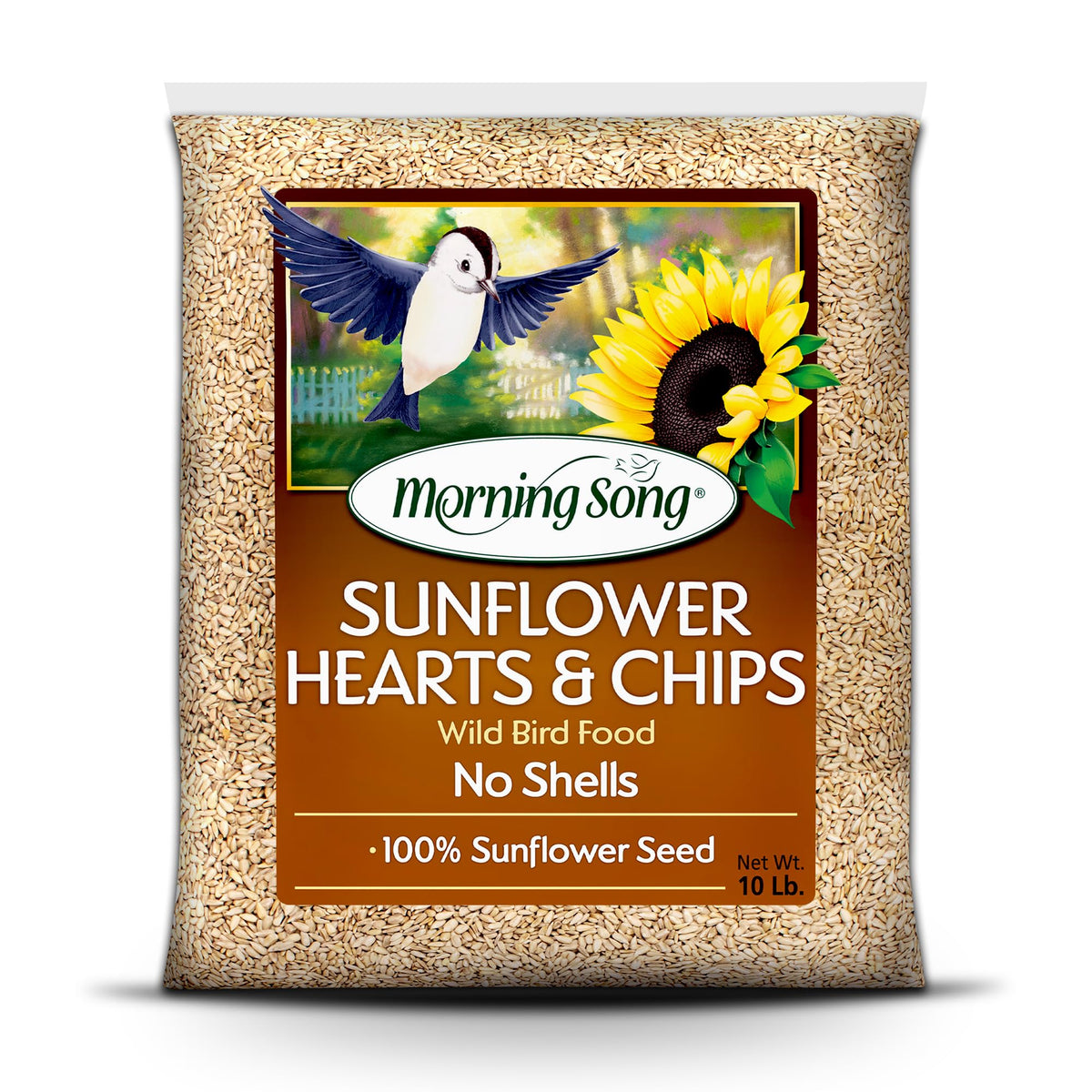 Morning Song sunflower hearts chips seed bag showing shell-free kernels for easy feeding