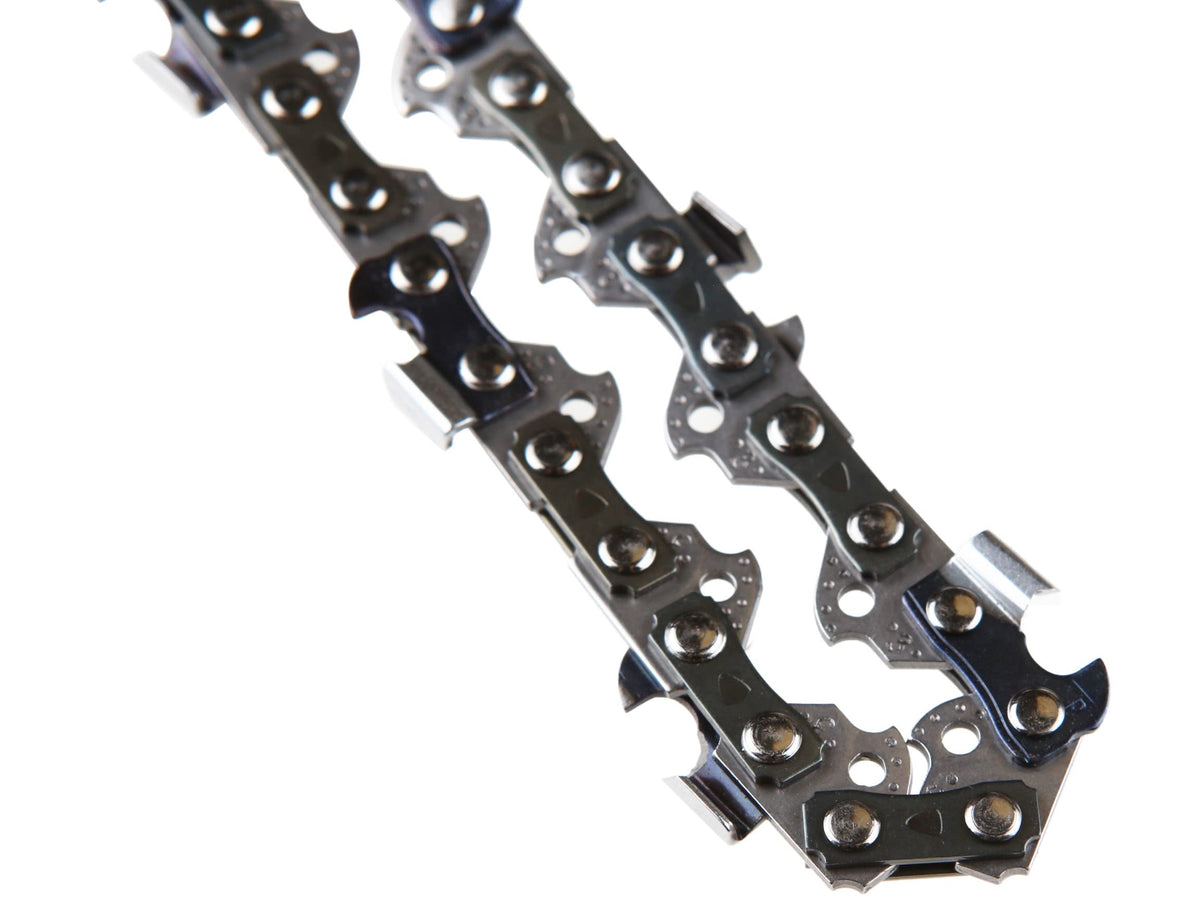 Blued drive links on Morocca chain resist wear and preserve tension.