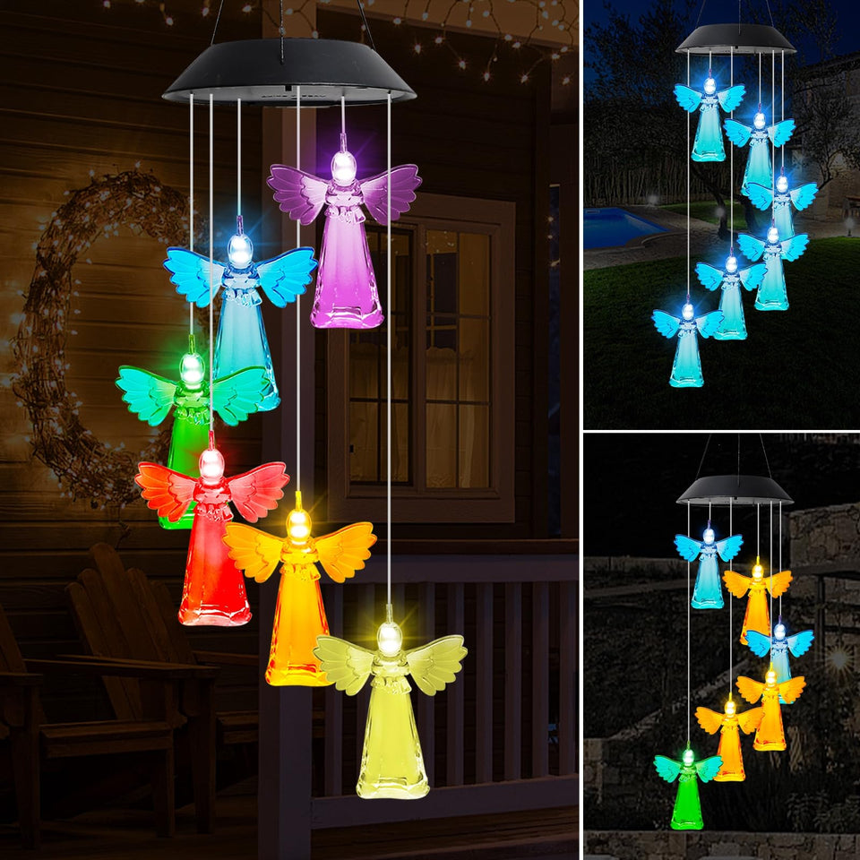 MorTime 28-inch LED solar angel wind chime with color-changing lights for outdoor ambience.