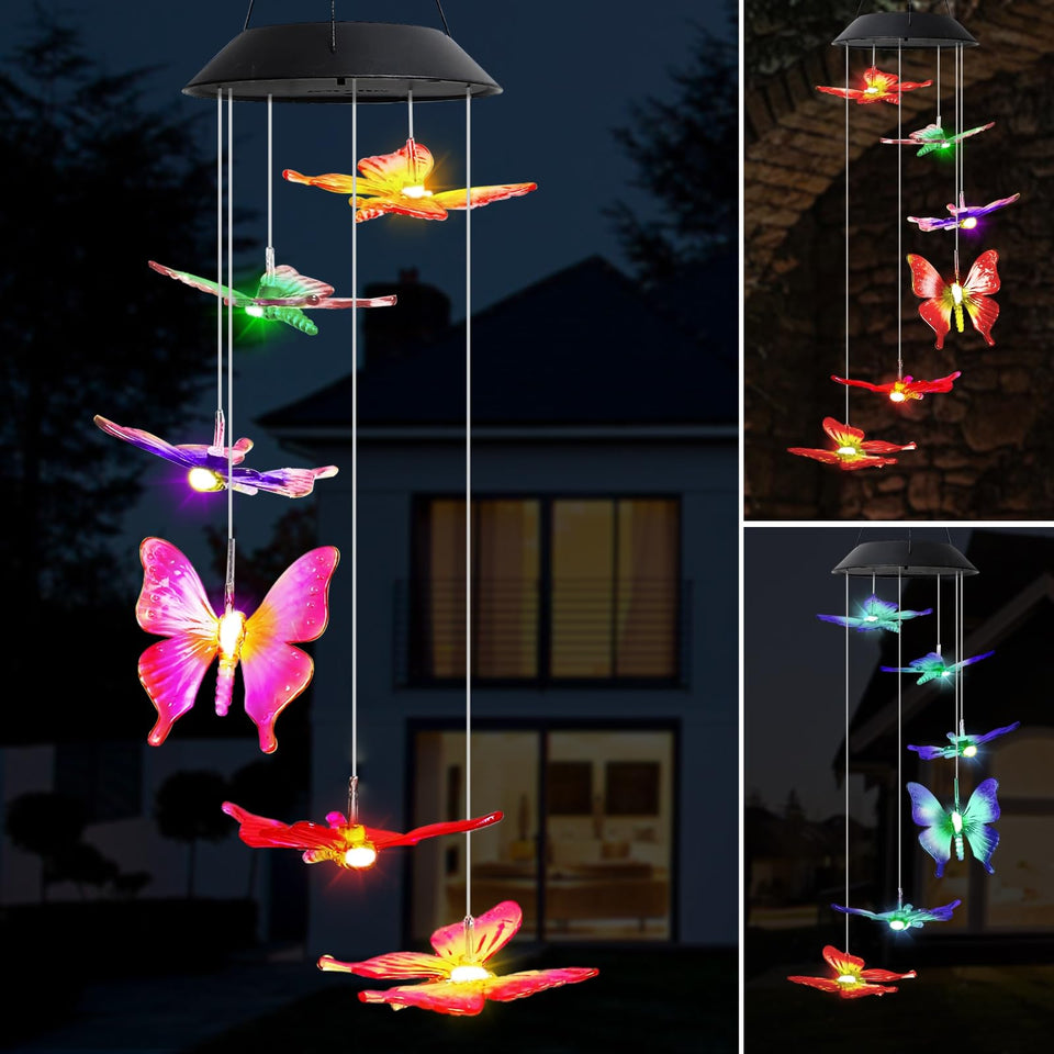 MorTime butterfly wind chime LEDs glow at night with color-changing hues for outdoor magic.