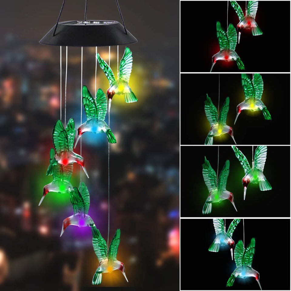 MorTime hummingbird wind chime with color-changing LEDs for romantic garden lighting.