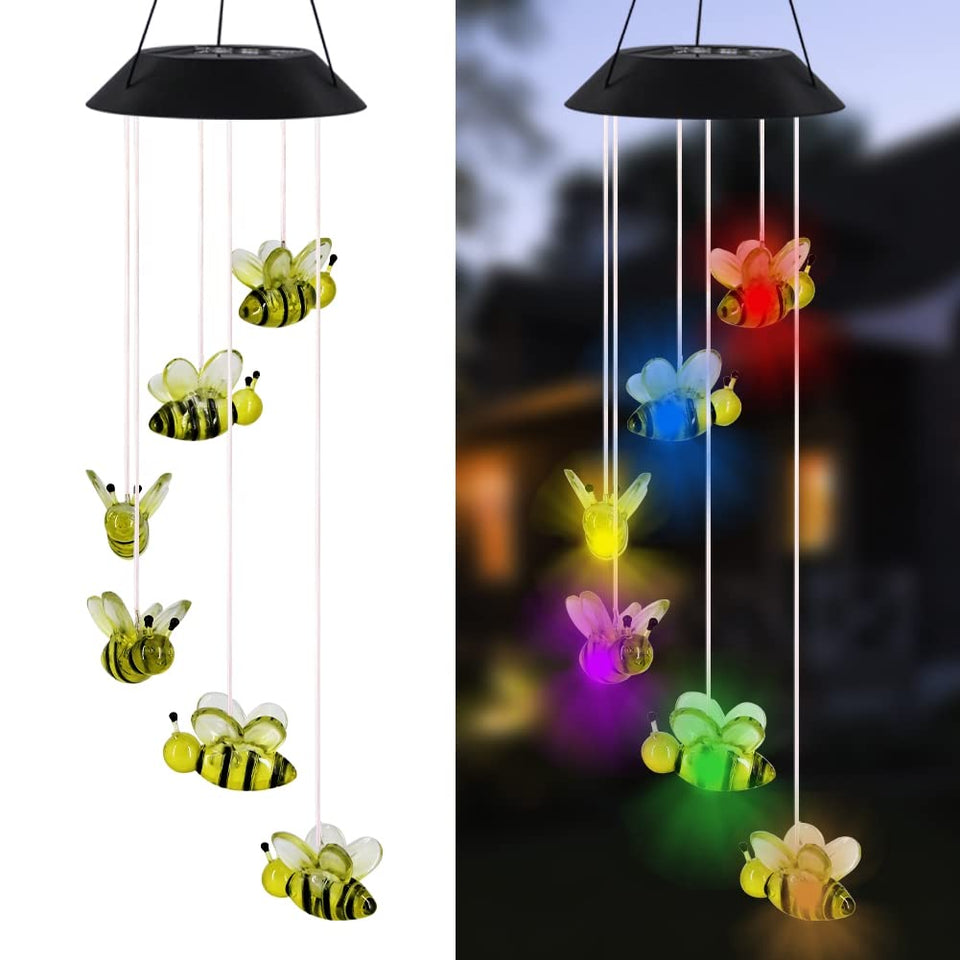 MorTime LED solar bee wind chime glows with color changes at dusk for garden ambiance