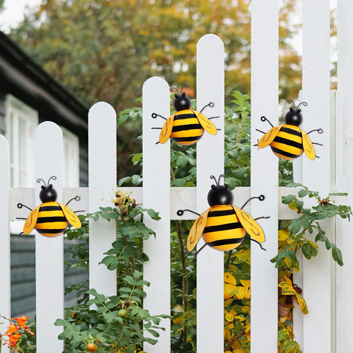 MorTime metal bee wall art displayed on a table adds whimsical focal point.